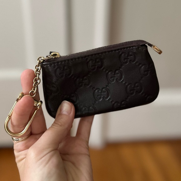 Gucci Monogram Brown Leather Key Cles Card Holder Pouch Bag Charm
